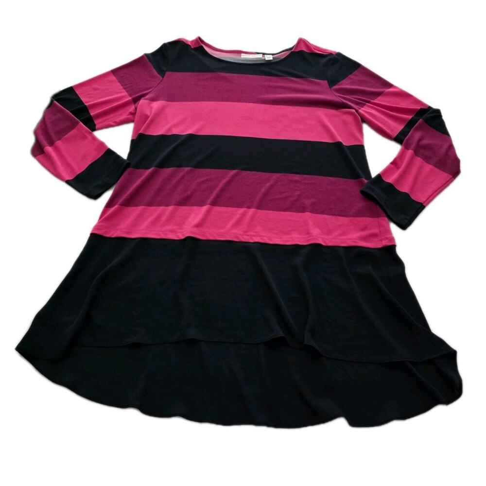 Susan Graver Liquid Knit Tunic Top Large Pink Black Stripe